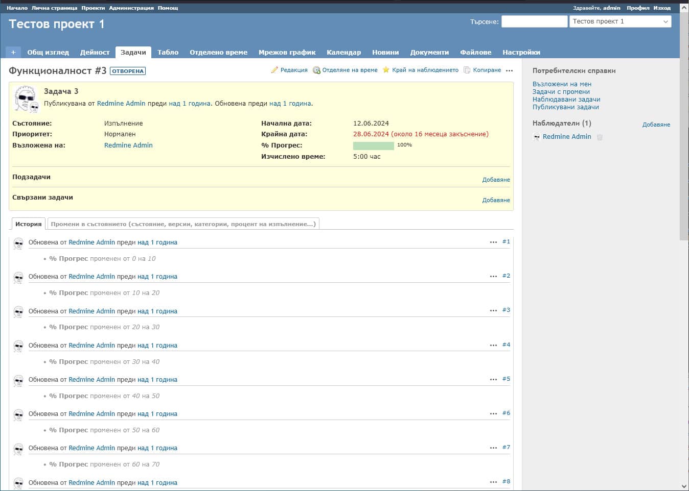 Класическият интерфейс на Redmine. Преглед на задача Redmine: View a Task
